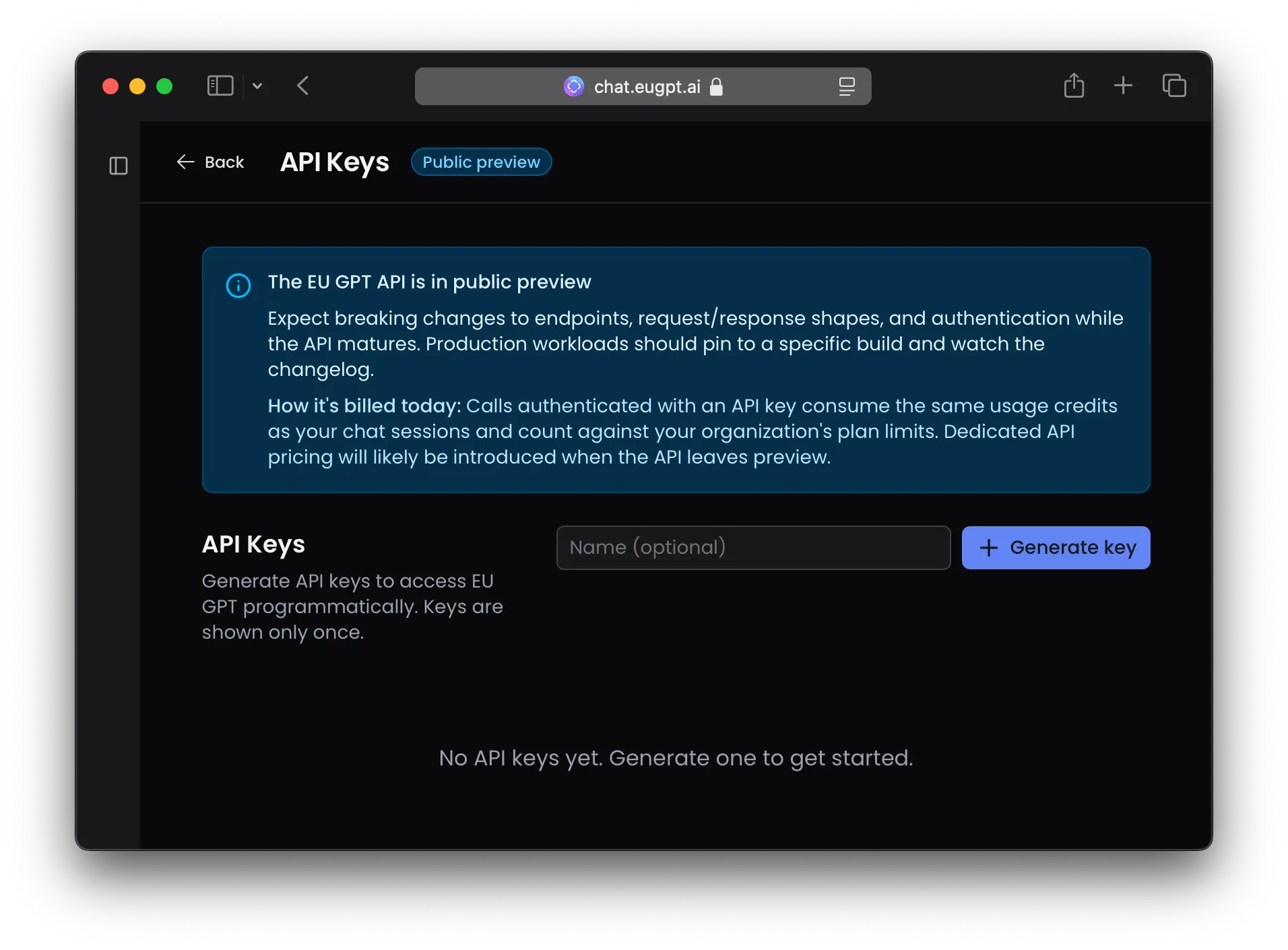 Create key dialog