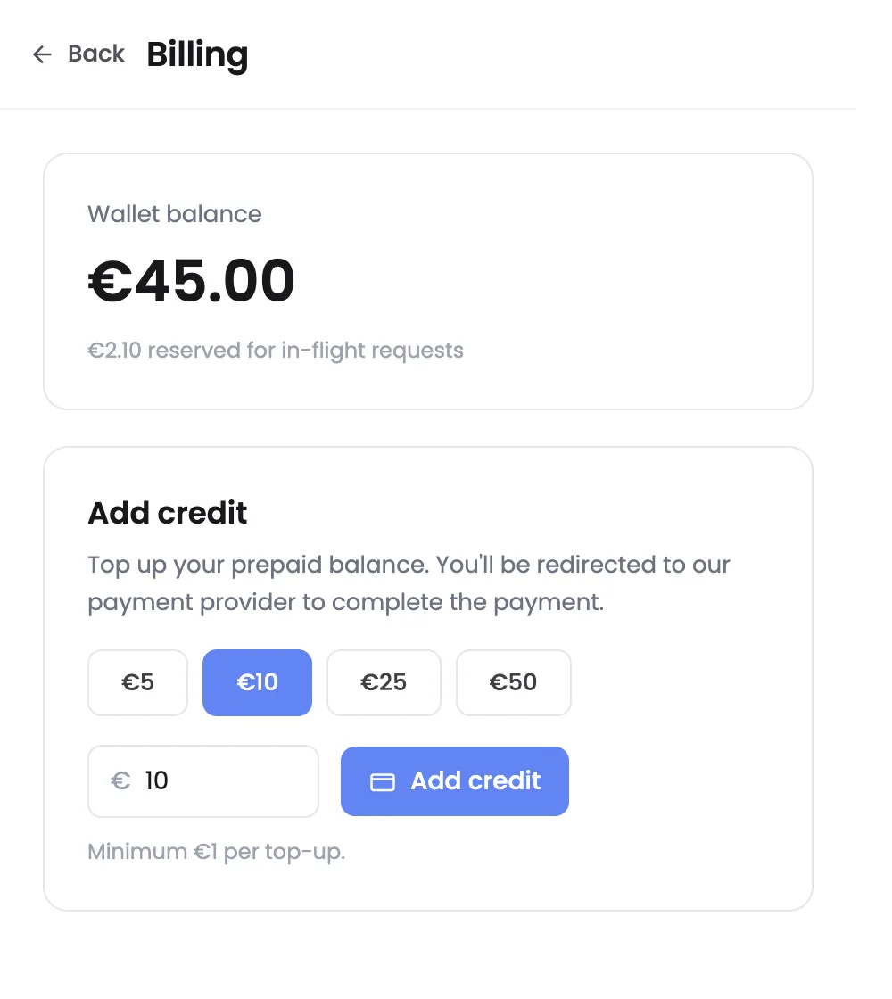 Wallet balance and top-up screen